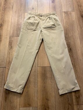 Lauren Ralph Lauren Men's 33x32 Khaki Trousers 100% Cotton Pleated Cuffed Vtg